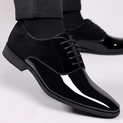 Black PU Patent Leather Shoes for Men Casual Business Shoes Lace Up Formal Office Work Shoes for Male Party Wedding Oxfords