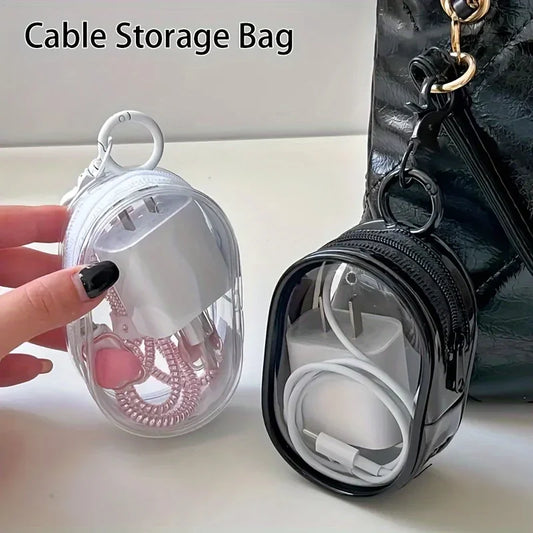 Portable Mini Clear Zipper Storage Bag - Space-Saving Organizer for Earphones & Chargers, Versatile with Handy Keychain Loop