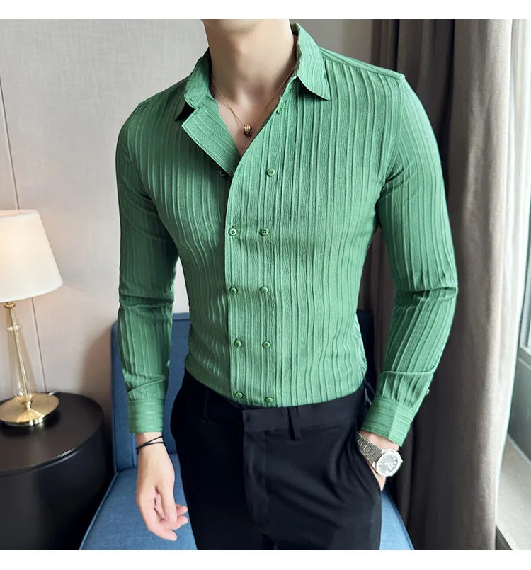 British Style Men Double Breasted Shirt 2023 Autumn New Long Sleeved Striped Slim Fit Shirts Formal Business Social Party Tuxedo