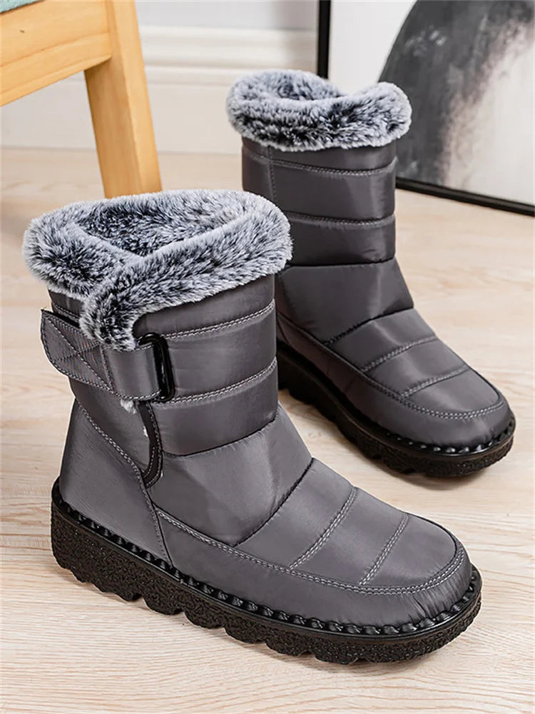 Msfilia Women Autumn Winter Rabbit Fur High Barrel Warm Velcro Waterproof Snow Boots