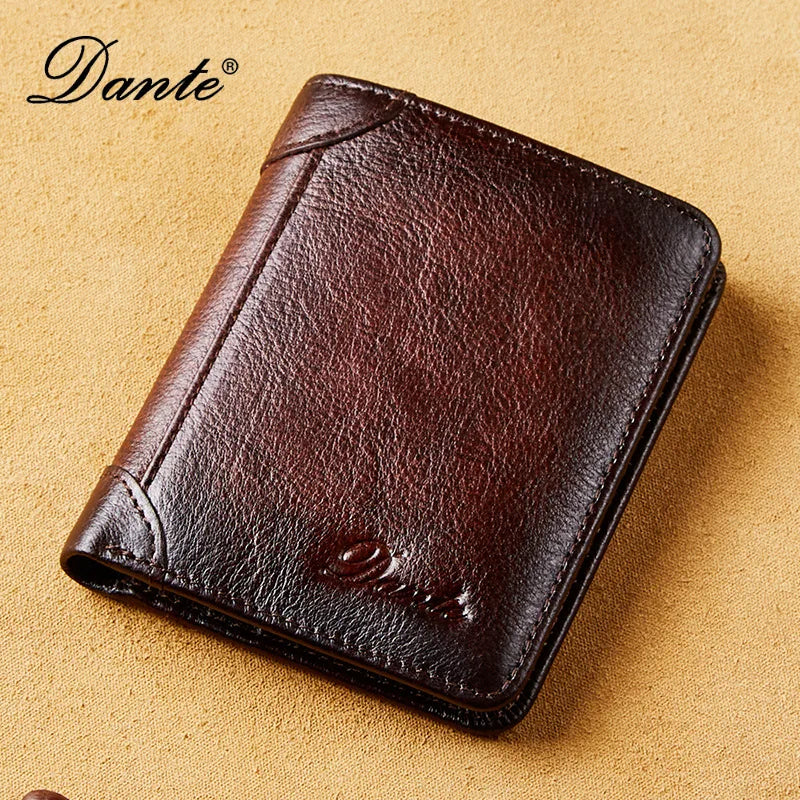 Dante Leather Men's Wallets RFID Anti-theft Brush Degaus Head Layer Cowhide Retro Casual Vertical Money Bag Money Two fold Clips