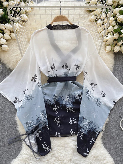 SINGREINY Print Mesh Erotic Cardigan Shapewear Suits Fashion V Nek Loose Long Sleeve Robes Women Cosplay Sexy Lingerie Sets