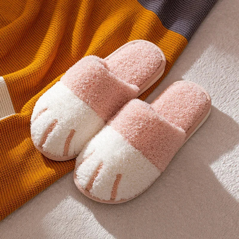 Winter Warm Plush Slippers Cute Cat Paw Designer House Women Fur Slippers Floor Mute Bedroom Lovers Indoor Fluffy Shoes2024