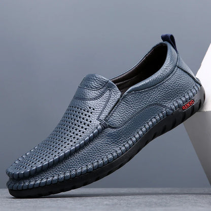 Breathable Genuine Leather Men Shoes Summer Slip On Loafers Men Casual Leather Shoes Blue Flats Hot Sale Driving Shoes Moccasins