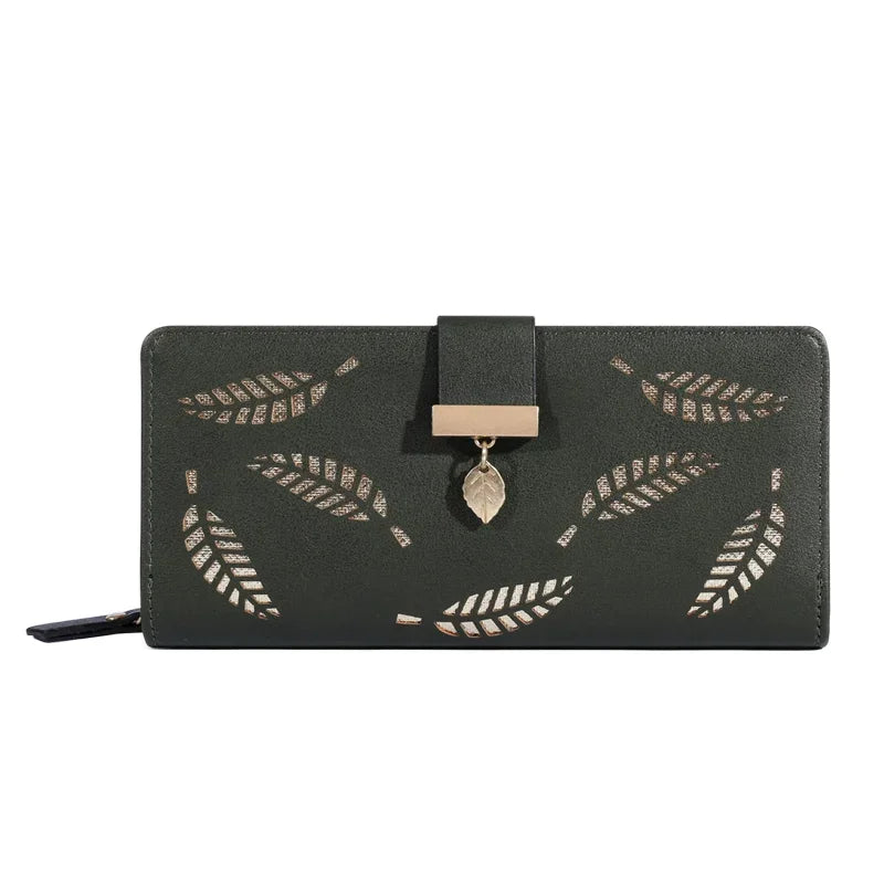 Women Wallet PU Leather Purse Female Long Wallet Gold Hollow Leaves Pouch Handbag For Women Coin Purse Card Holders Clutch