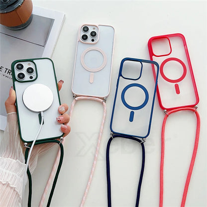 Crossbody Lanyard Strap For MagSafe Transparent Case For iPhone 16 15 Pro Max 14 13 Necklace Rope Magnetic Wireless Charge Cover