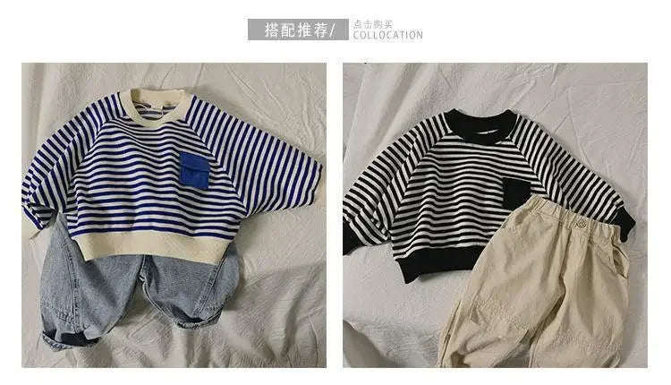 Spring Autumn Stripe Long Sleeves Sweatshirt Kids Boys' Loose Bat Sleeves Tops Girls'  Baby Boy Clothes