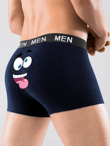 Men Funny Boxer Briefs Breathable Trunks Underwear Cartoon Wacky Face Boxer Short for Male Blue Quirky Panties