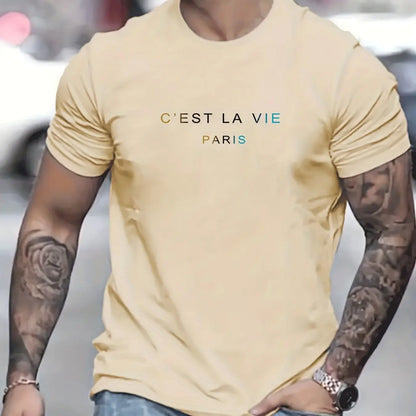 Men's Summer Loose Fit  100 Polyester cest La Vie PrintT-shirt Tops