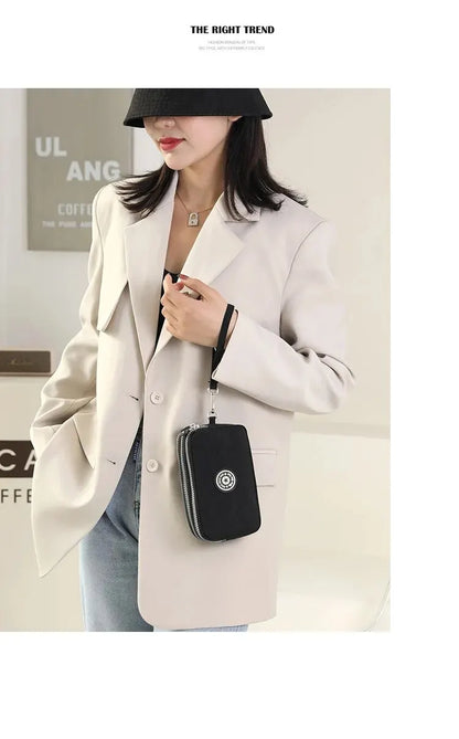 Solid Color Coin Purse Women Handbag Small Wallet Wrinkle Fabric Phone Purse Three Zippers Portable Make Up Bag