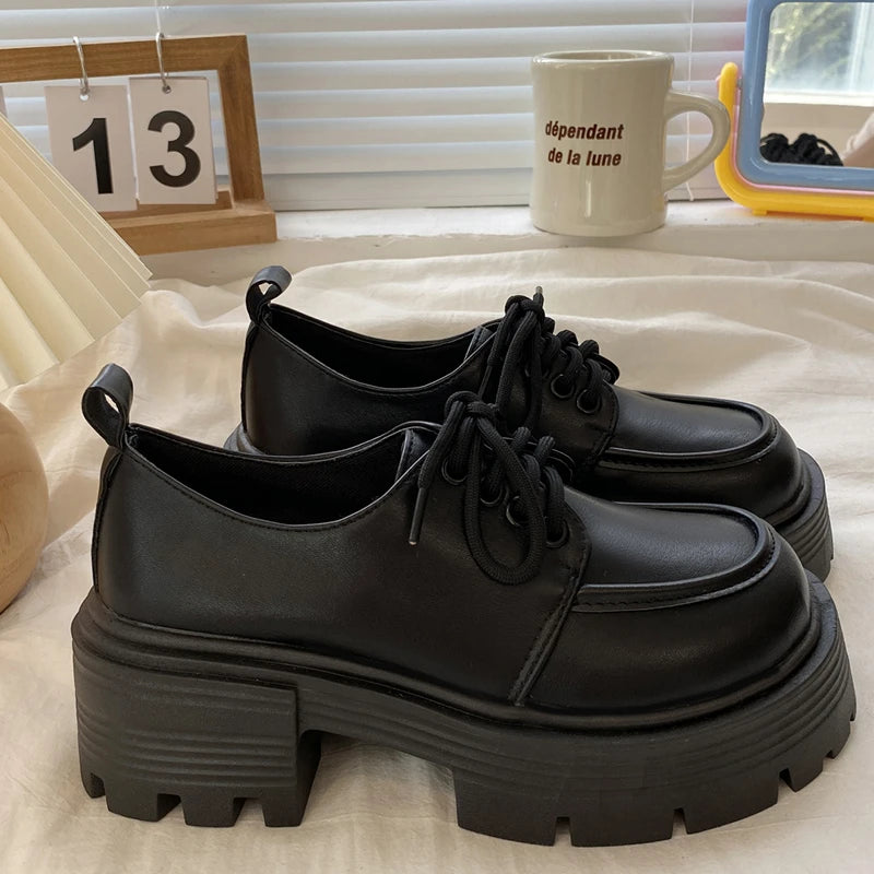 Lucyever Patent Leather Platform Loafers Women 2023 Preppy Style Lace Up Oxford Shoes Woman Black Thick Bottom Y2K Shoes Female