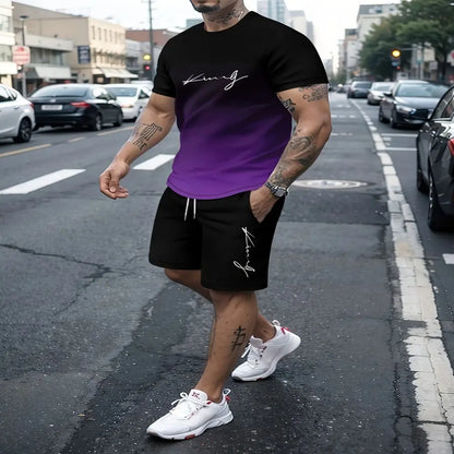 Summer beach 3D printed men's T-shirt suit gradient sportswear fitness plus size clothing two-piece round neck T-shirt shorts