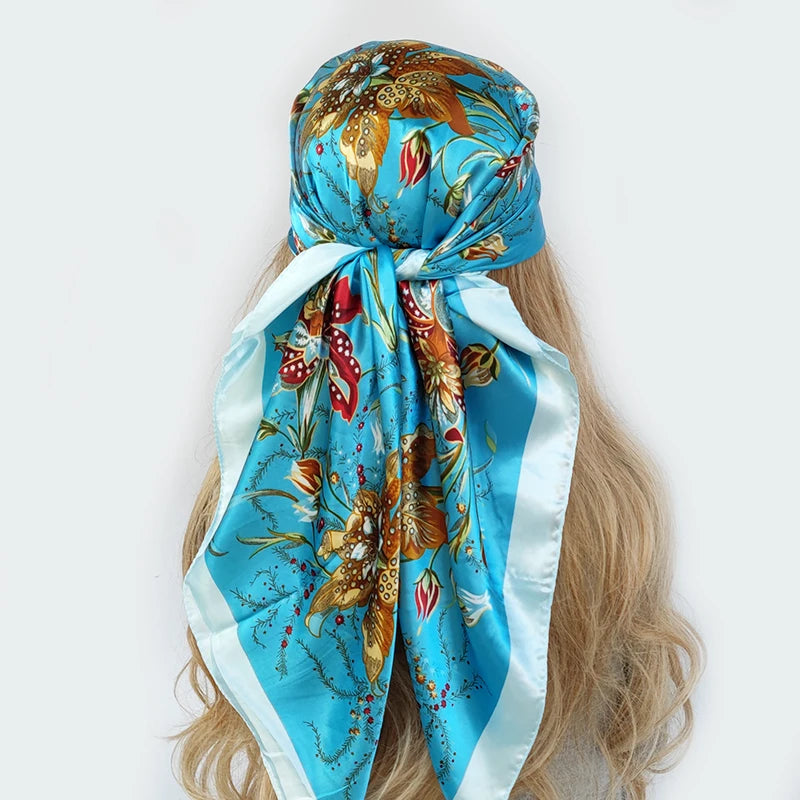 new 90*90cm fashion Silk Scarf Scarftop Headwraps Women Vintage Four Seasons Hair Scarve Hijab Foulard Bandana Femme Headscarf