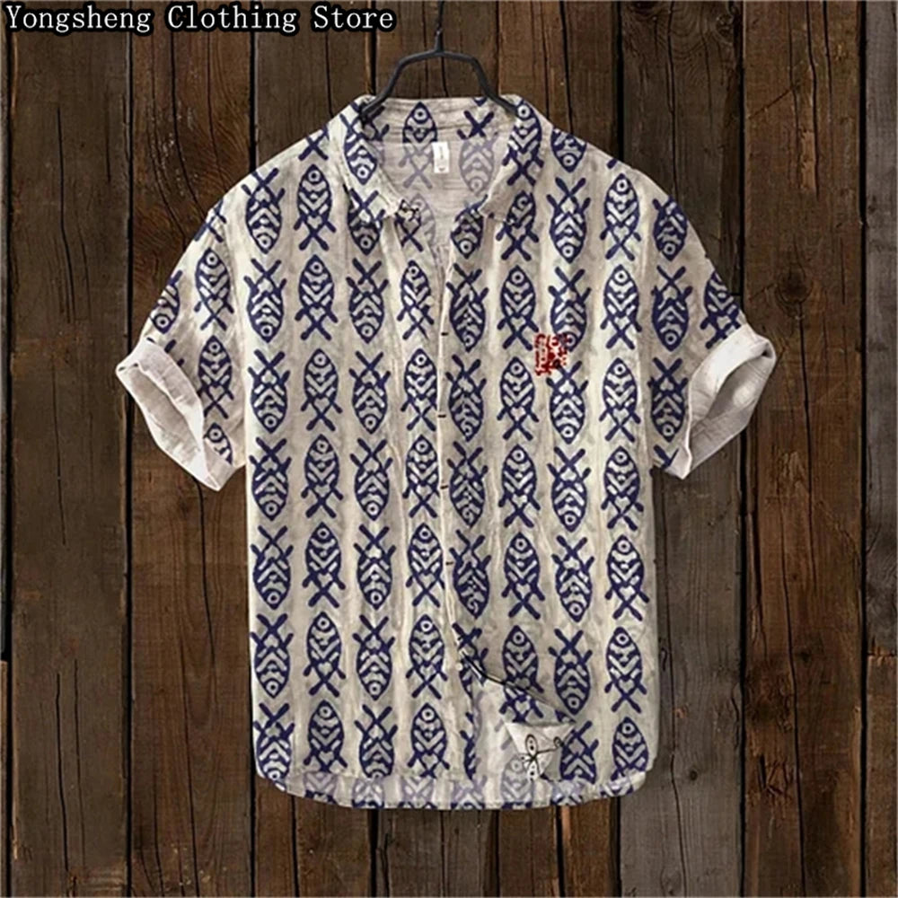 Men's Short Sleeve Linen Printed Shirt 2024 Japan Hot Selling Carp Print Holiday Daily Casual Wear Large Size XS-5XL