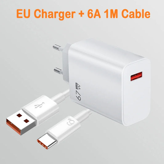 6A Type C Cable For Xiaomi 67W USB Super Fast Charger Phone Power Adapter For Mi 12 11 POCO X5 X4 Pro Redmi Note9 10 11 Charging