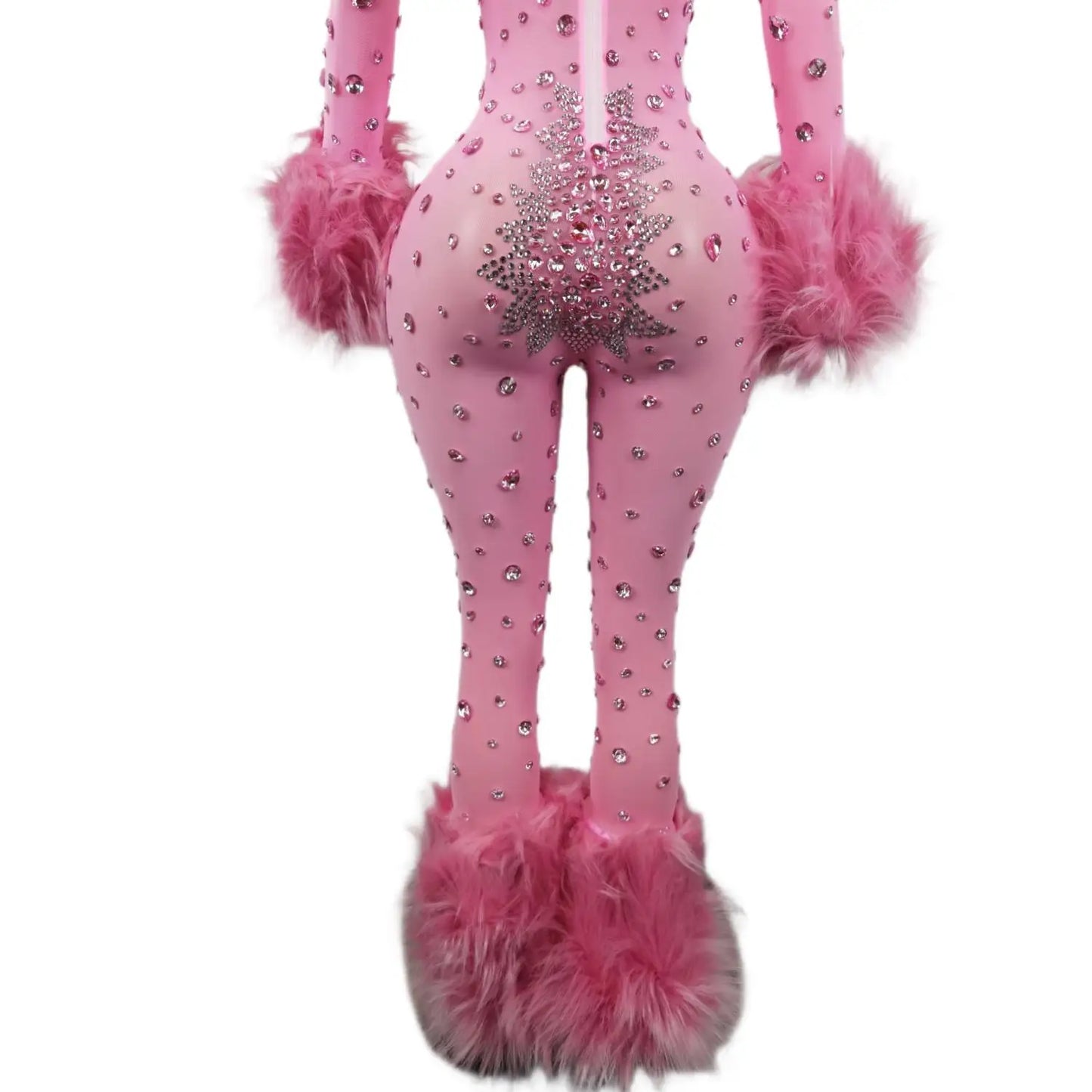 Shiny Pink Mesh Transparent Jumpsuit Sexy Hairy Designe Birthday Outfit Singer Dancer Performance Costume Stage Wear Guibin