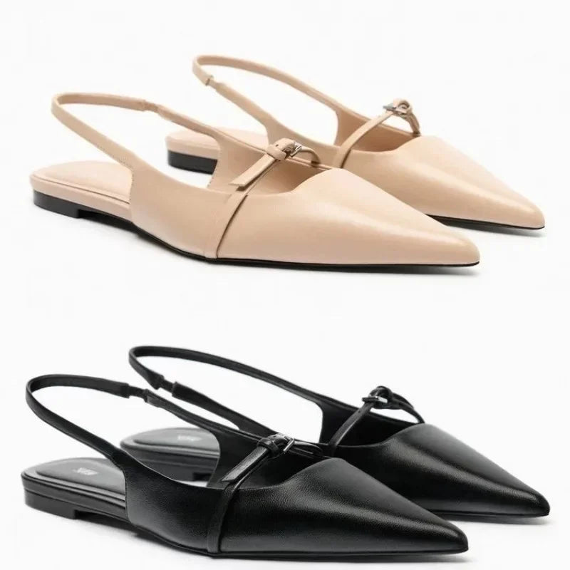 Women Slingback Flat Bottom Sandals Summer New Woman Black Leather Pointed End Female Ballet Shoes Fashion Low Heel Beach Shoes