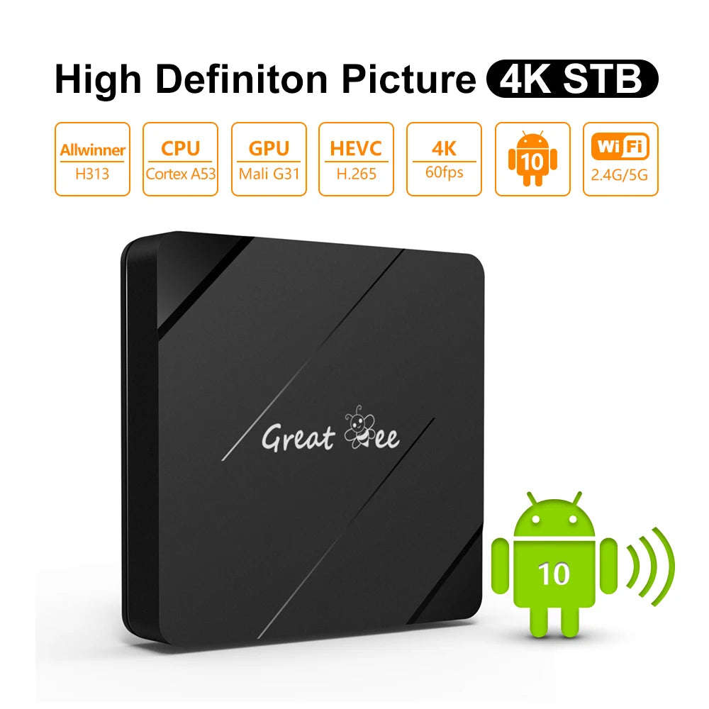 Great Bee New Arabic TV Box, Greatbee 2GB+16GB 2.4G & 5.0G Dual Wi-Fi Arab 4K Media Player Smart Set Top Boxes