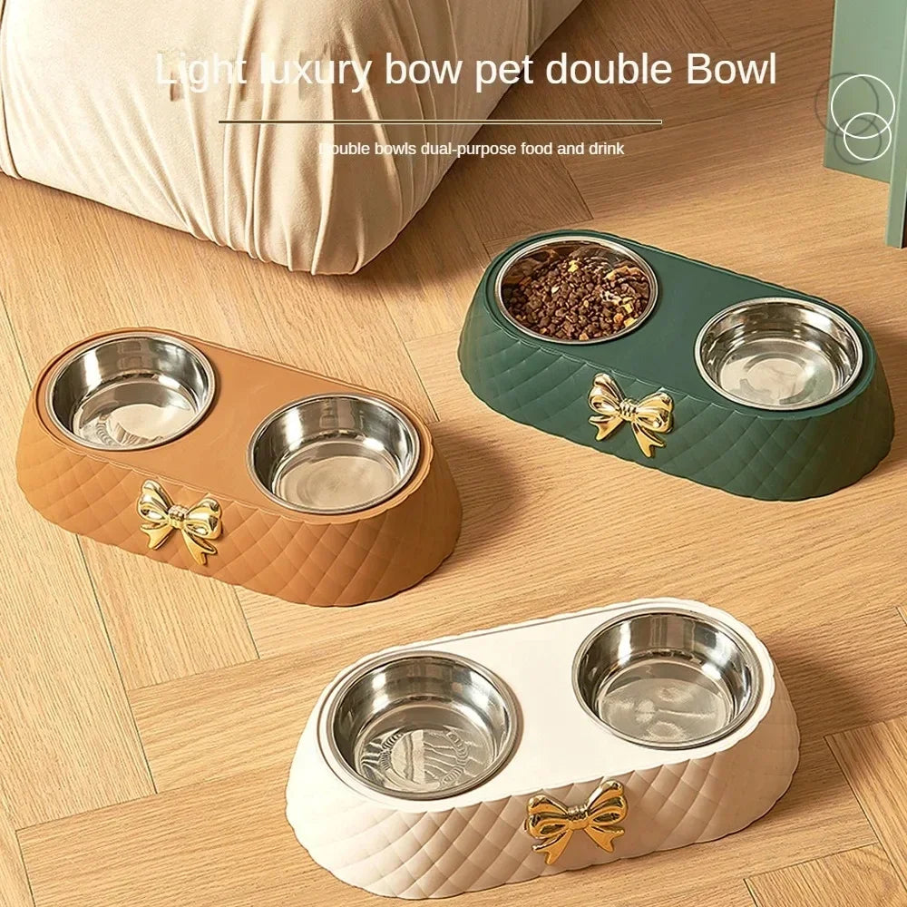 Pet Supplies Bow Tie Cat Food Bowl PP Base Dog Bowl Stainless Steel Double Layer Pet Accessories Feeding and Drinking Double Bow