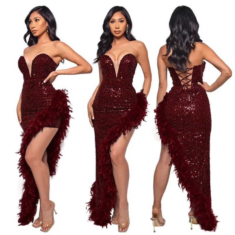 Women Evening Dresses Asymmetrical Shiny Sequins Feather Cocktail Party Dress Sexy Strapless Long Formal Prom Dresses Xiny189