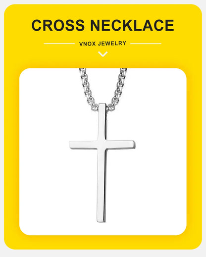 Vnox Cross Necklace for Men Women, Silver Color Plain Cross Pendant Collar with Stainless Steel Box Chain