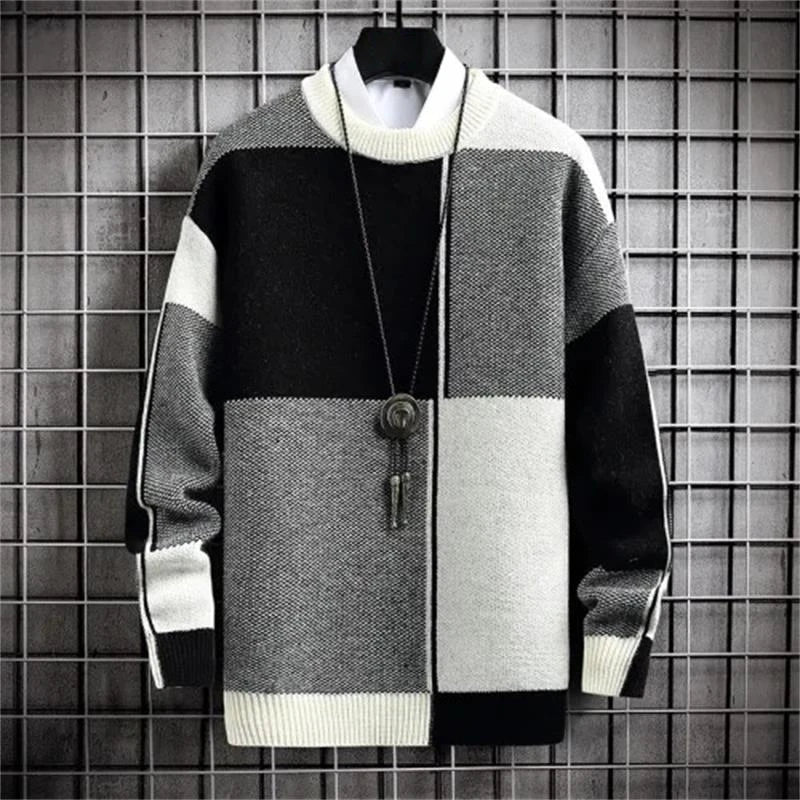 Half High Collar Color Blocking Warm Sweater High Quality Men Spring Autumn Slim Leisure Korean Long Sleeve Loose Knit Pullover