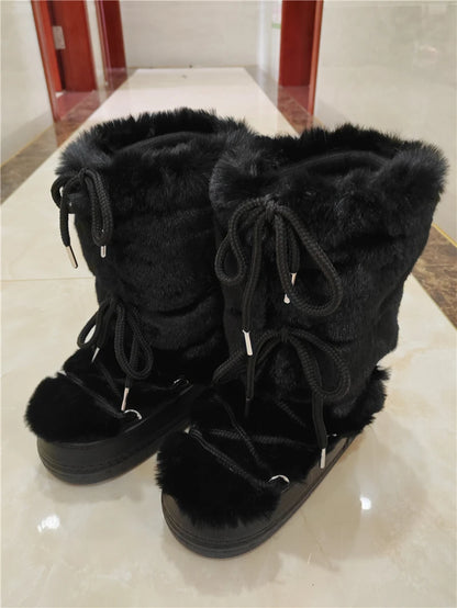 Fluffy Fur Boots 2024 Winter Fashion Sexy Faux Fox Fur Snow Boots Ladies Furry Warm Cotton Boots Female Outdoor Ski Boots