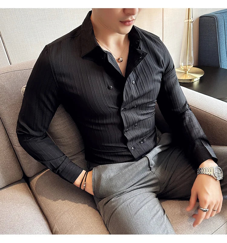 British Style Men Double Breasted Shirt 2023 Autumn New Long Sleeved Striped Slim Fit Shirts Formal Business Social Party Tuxedo