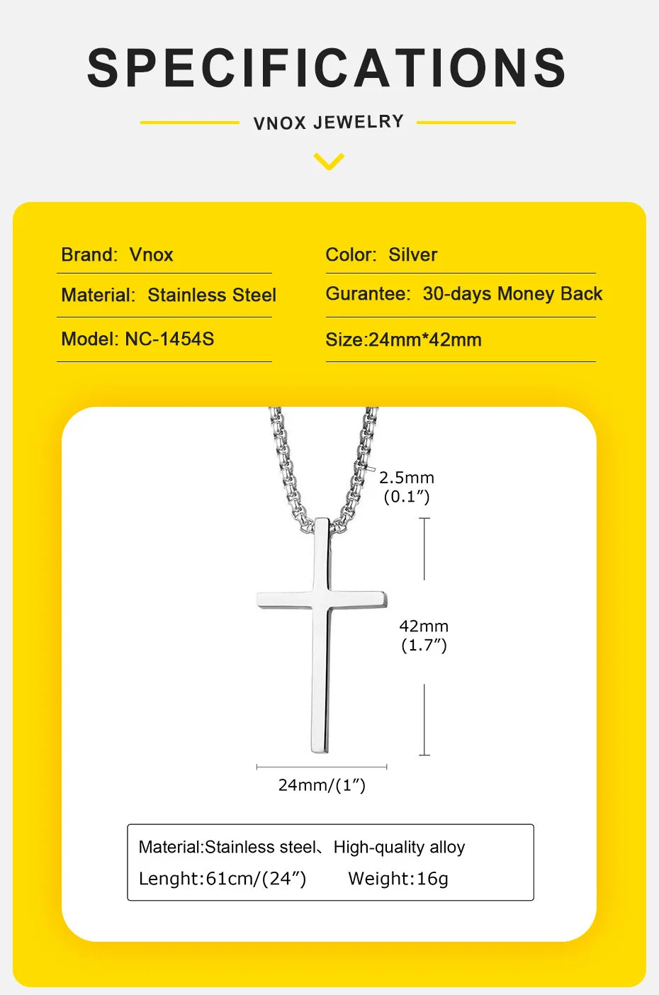 Vnox Cross Necklace for Men Women, Silver Color Plain Cross Pendant Collar with Stainless Steel Box Chain