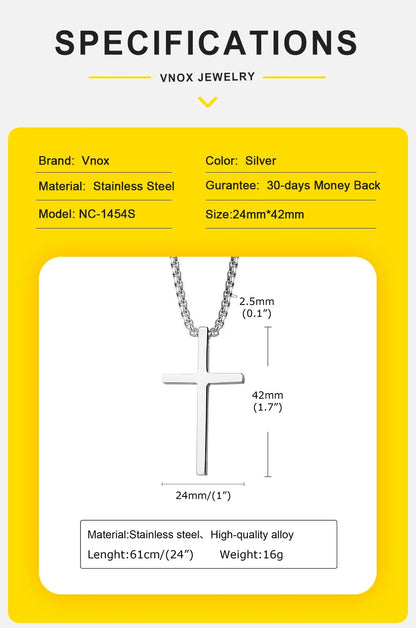 Vnox Cross Necklace for Men Women, Silver Color Plain Cross Pendant Collar with Stainless Steel Box Chain