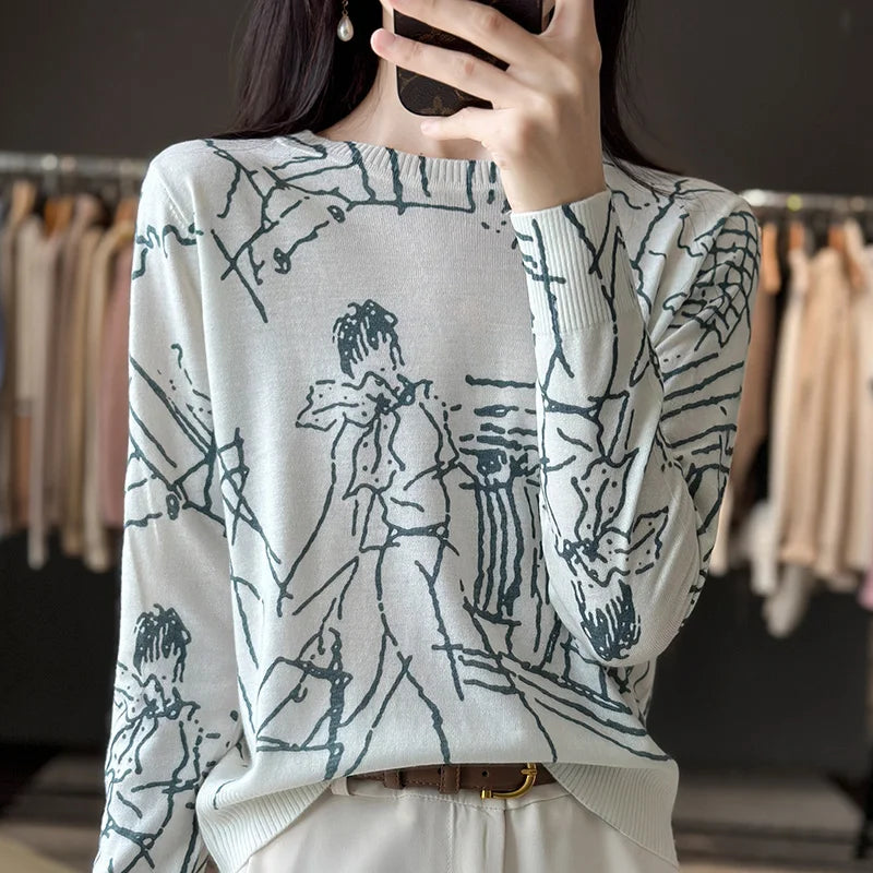 Autumn And Winter New Worsted Wool And Mulberry Silk Printed Round Neck Sweater Fashion Joker Knit Loose Bottoming Shirt Top