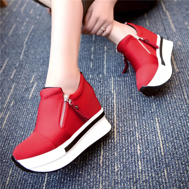 Platform Sneakers 2023 New Women Red Casual Comfortable Hidden Heel Shoe Black Canvas Shoes Wedge Heels Sneaker Tenis De Mujer