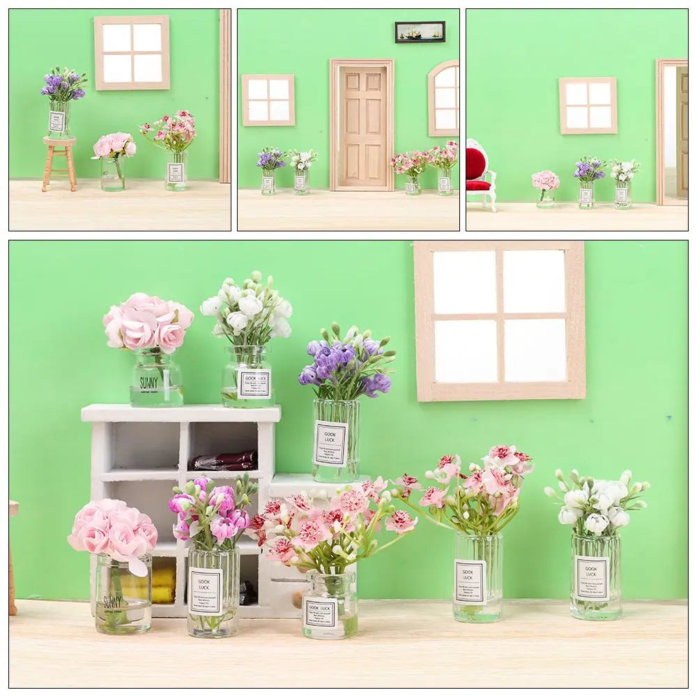 1:12 Scale Dollhouse Flower Vase Doll Accessories Pink Rose White Jasmine Mini Floral Arrangement