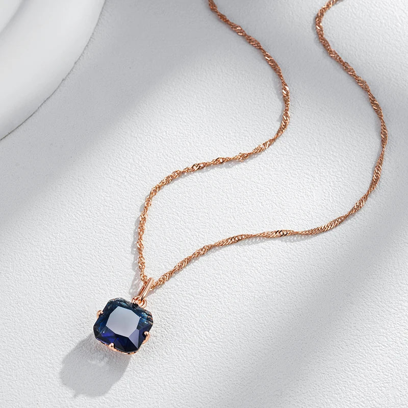 Kinel Luxury Square Blue Natural Zircon Pendant Necklace For Women Fashion 585 Rose Gold Color Fine Daily Ethnic Bride Jewelry