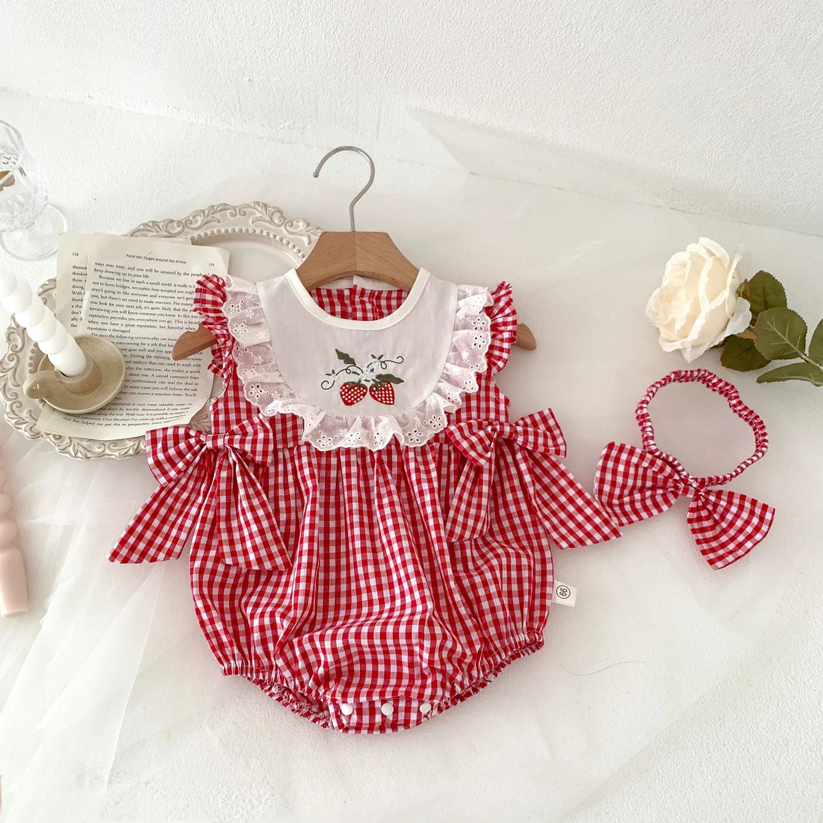 Summer Baby Girls Romper+Headband Newborn Red Plaid Strawberry Embroidery Summer Onesies Clothes Casual and versatile style