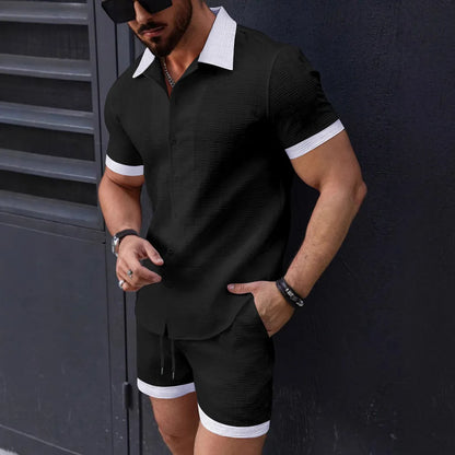 2025 Spring and summer new European and American fashion casual men's shirt color short-sleeved shorts beach suit