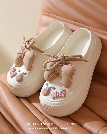 Summer Women's Hole Shoes Cute Bow Thick Sole Anti Slip Resistant Women's Baotou Slippers for Home Outdoor Garden Shoes