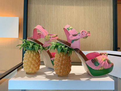 Summer Pink Pineapple Print Open-toe Platform Sandals Sweet Women High-heel Buckle Strappy Women Shoes Lovely Sandalias Mujer