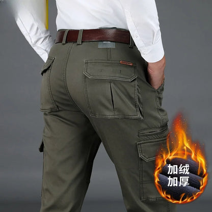 6 Pockets Fleece Warm Cargo Pants Men Clothing Thermal Work Casual Winter Pants For Men Green Black Khaki Trousers Male