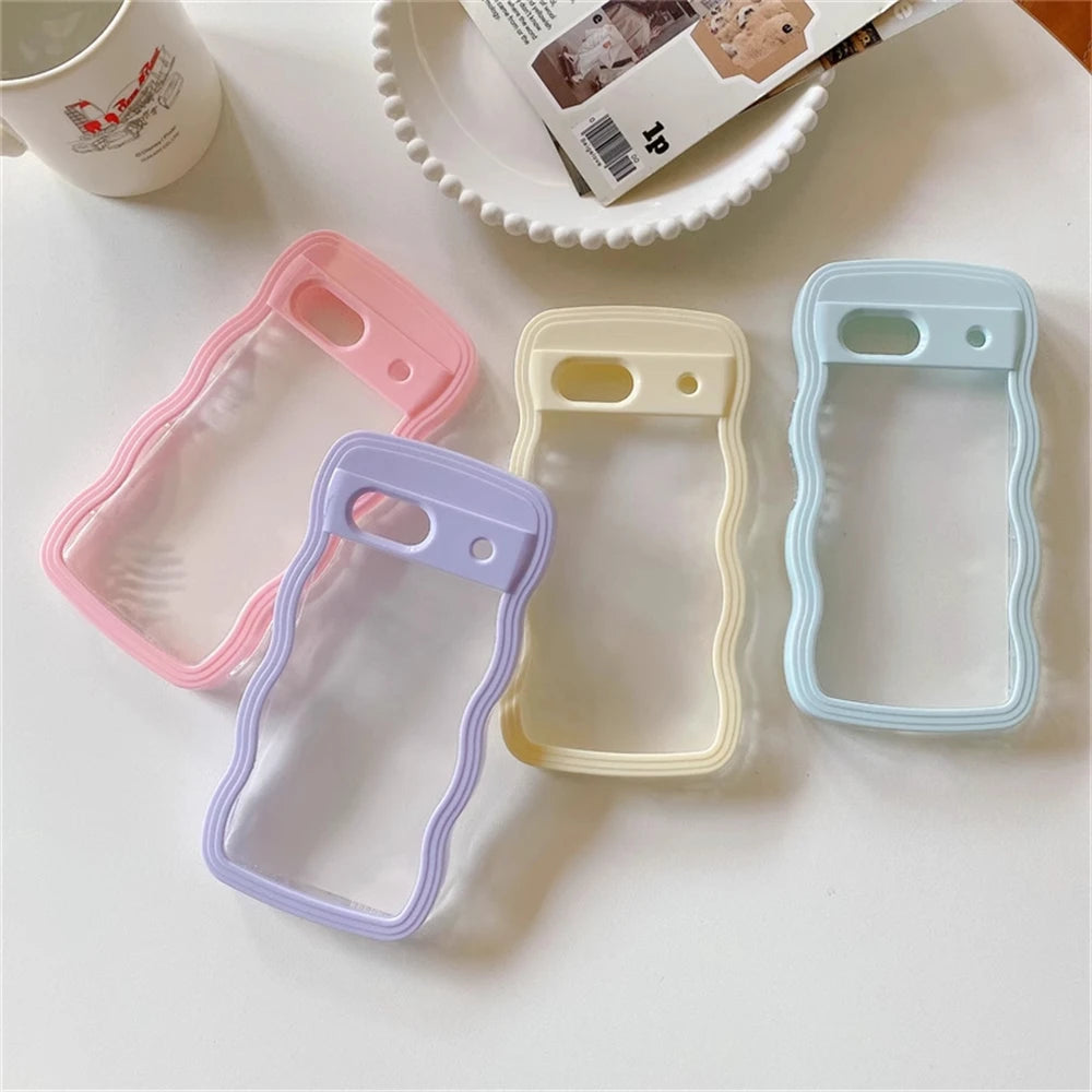 2IN1 Cute Curly Wavy Transparent Phone Case For Google Pixel 8A Korean Candy Color Shockproof Hard Cover For Google Pixel 7A