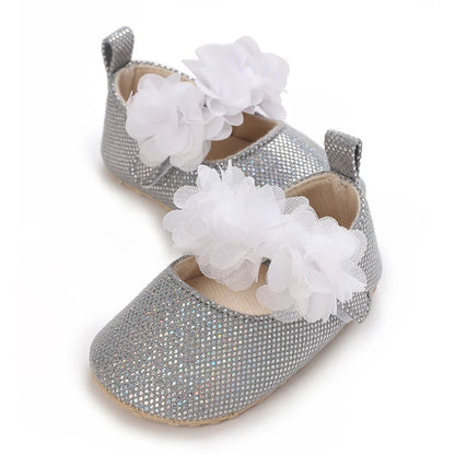 Silver Princess Shoes 0-18M Newborn Casual Shoes Baby Bow Non slip Cloth Bottom Flat Bottom PU Newborn Bow Decoration Mary Janes