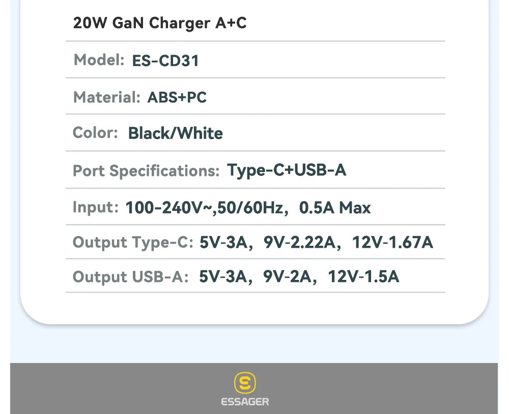 Essager 20W GaN USB Type C Charger PD Fast Charge Phone QC 3.0 Quick Chargers For iPhone 14 13 12 11 Pro Max Mini iPad Charging