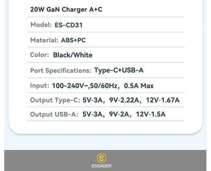 Essager 20W GaN USB Type C Charger PD Fast Charge Phone QC 3.0 Quick Chargers For iPhone 14 13 12 11 Pro Max Mini iPad Charging