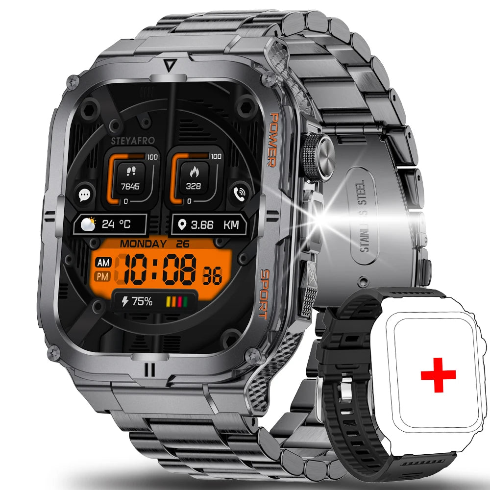 2024 men smartwatch, Bluetooth call tracker, military sports waterproof watch, digital fitness tracker smartwatch LED flashlight