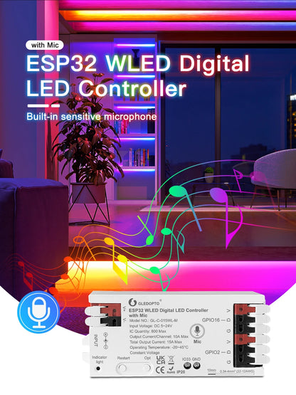 WLED Controller ESP32 with Microphone Sound Reactive Music Sync 5V 12V 24V WLED Remote Control Optional, Work with Alexa