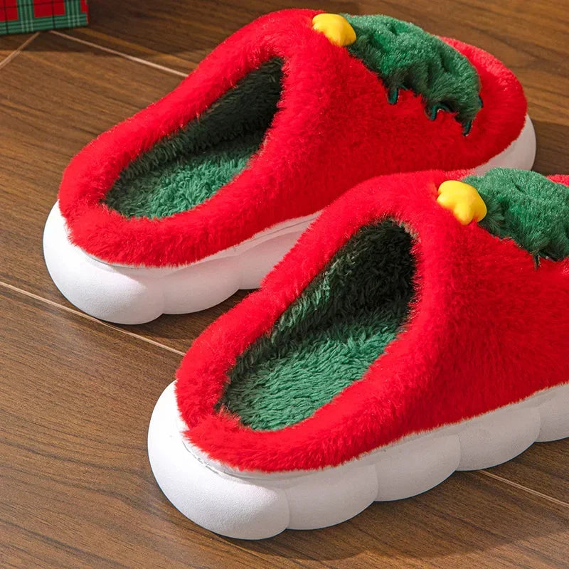 Cute Christmas Tree Women's Home Fluffy Slippers Cartoon Winter House Warm Shoes Designer Flat Casual New Year's Gift