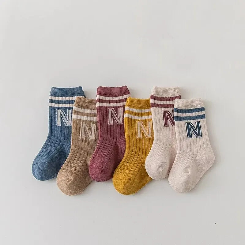 3 Pairs Baby Letter Socks Knit Soft Cotton Sock Kids Long Knee High Socks Infant Toddler Baby Boys Girls Cute Stripe Socks