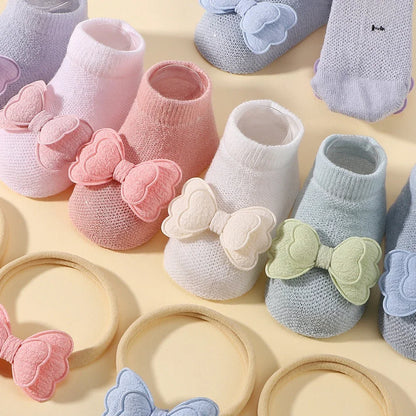 Lovely Baby Bows Socks Set Fresh Candy Color Breathable Short Socks with Sweet Flower Headband Elastic Hairband for Newboen