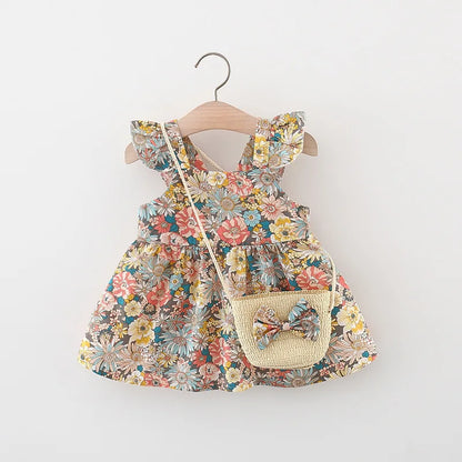 2Pcs/Set Summer Baby Girl Dress Soft Thin Clothes Fashion Floral Sleeveless Children Clothing 0-3 Y Toddler Beach Dresses + Bag