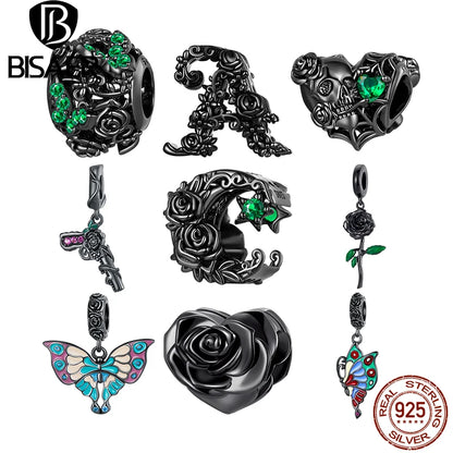 BISAER 925 Sterling Silver Retro Dark Skull Heart Charm Rose Plated Black Gold Beads Fit DIY Bracelet Necklace Fine Jewelry